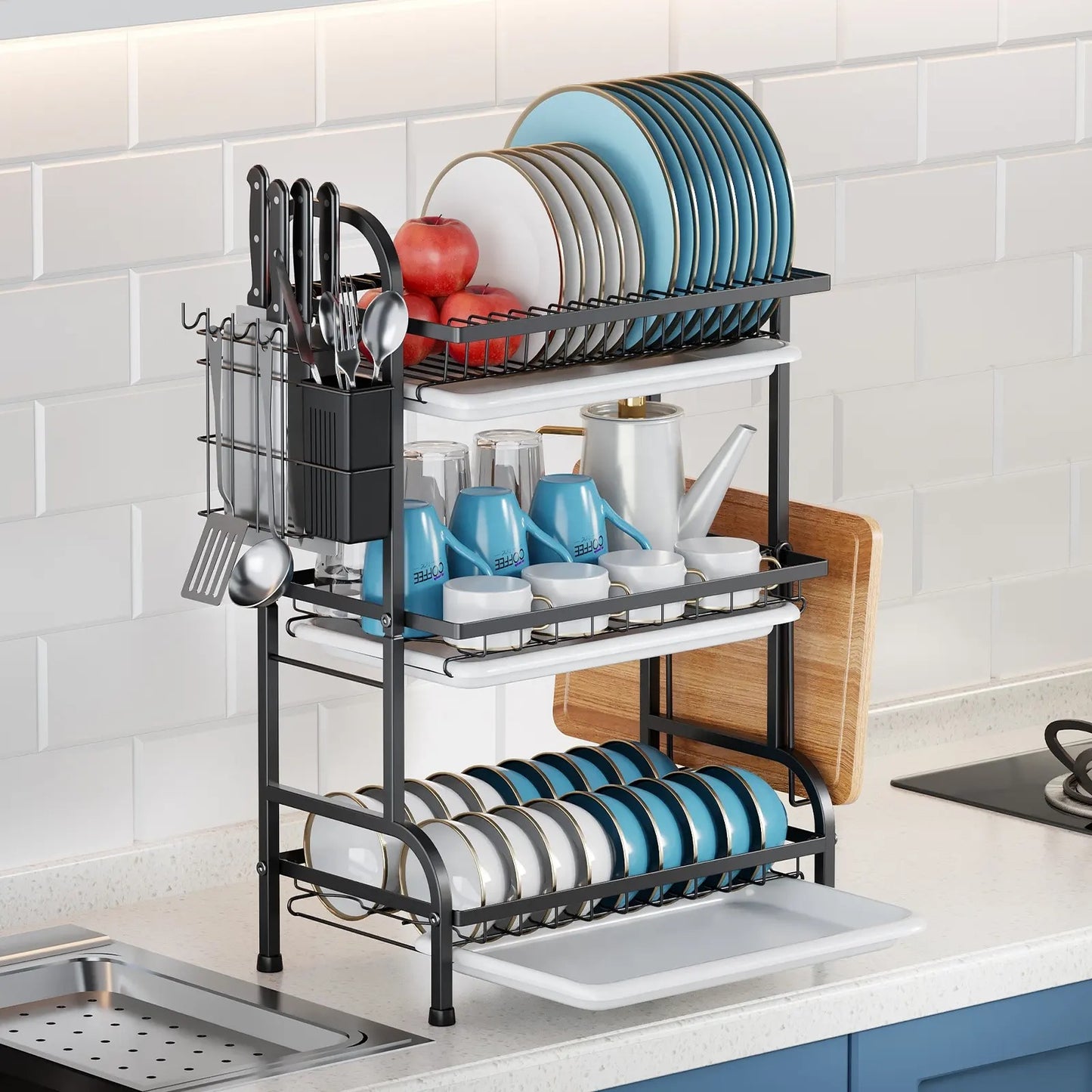 3-Layer Dish Rack with Drain Trays