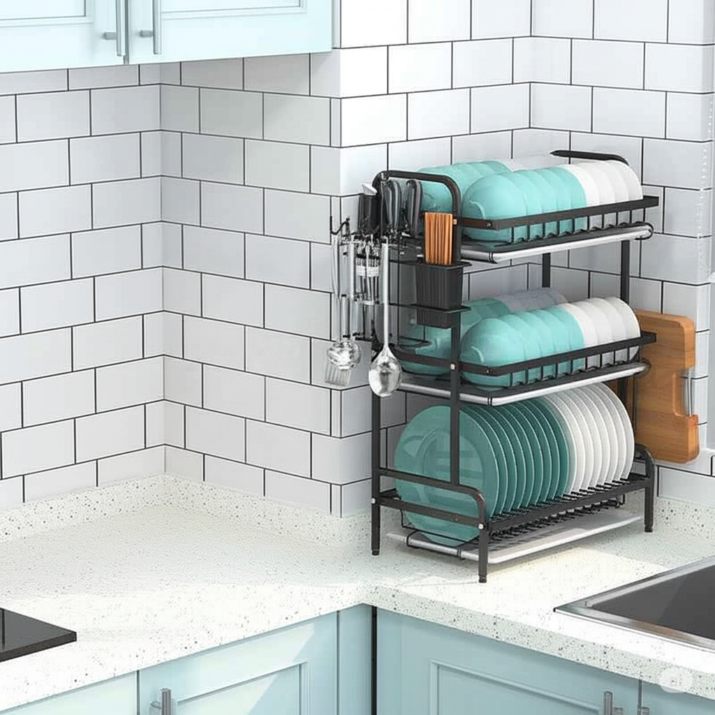 3-Layer Dish Rack with Drain Trays