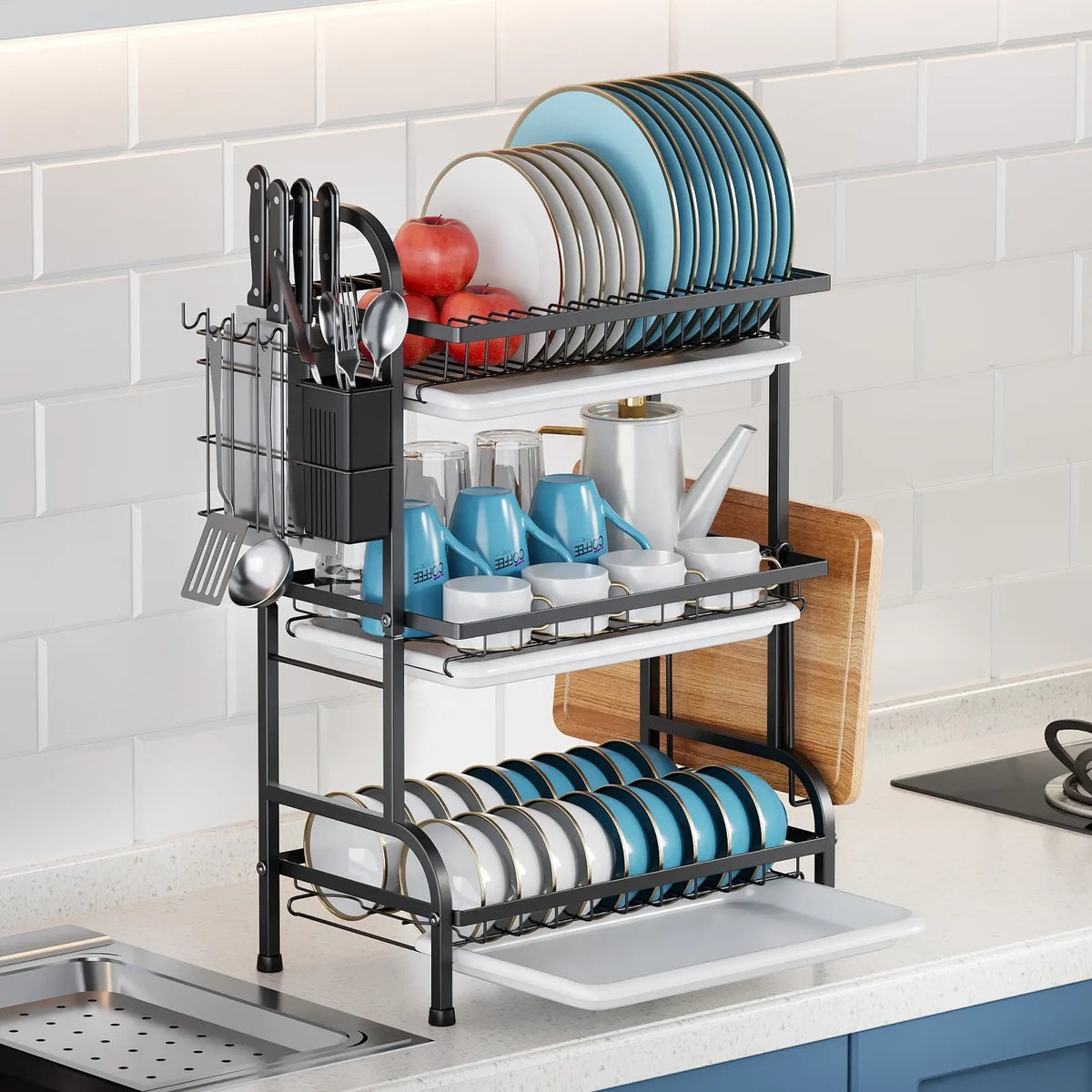 3 Layer Dish Rack | Dish Organizer with  Drain Trays
