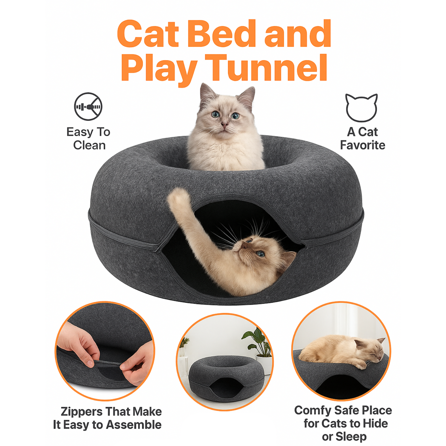 Donut Cat Bed with Tunnel | Cat Bed and Play Tunnel