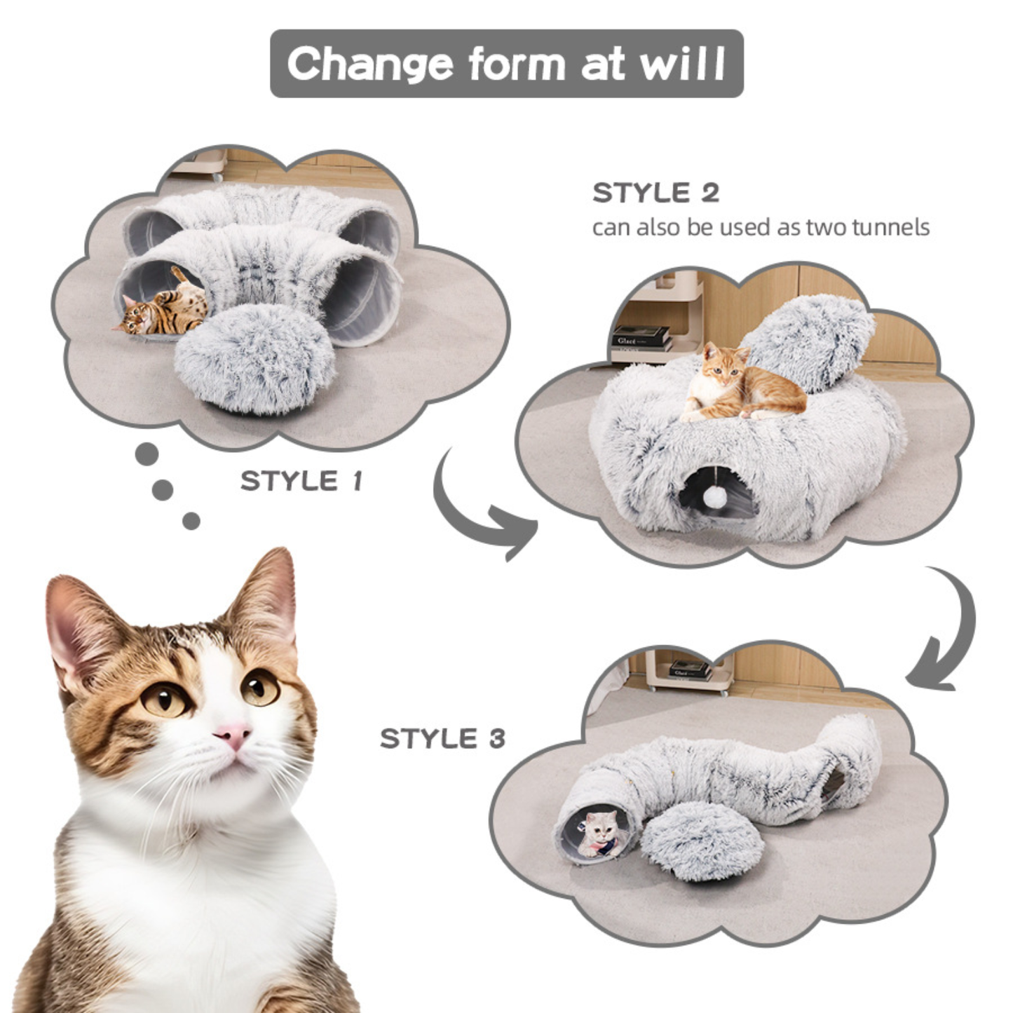 Plush Cat Tunnel | Flexible Cat Play and Lounging Station