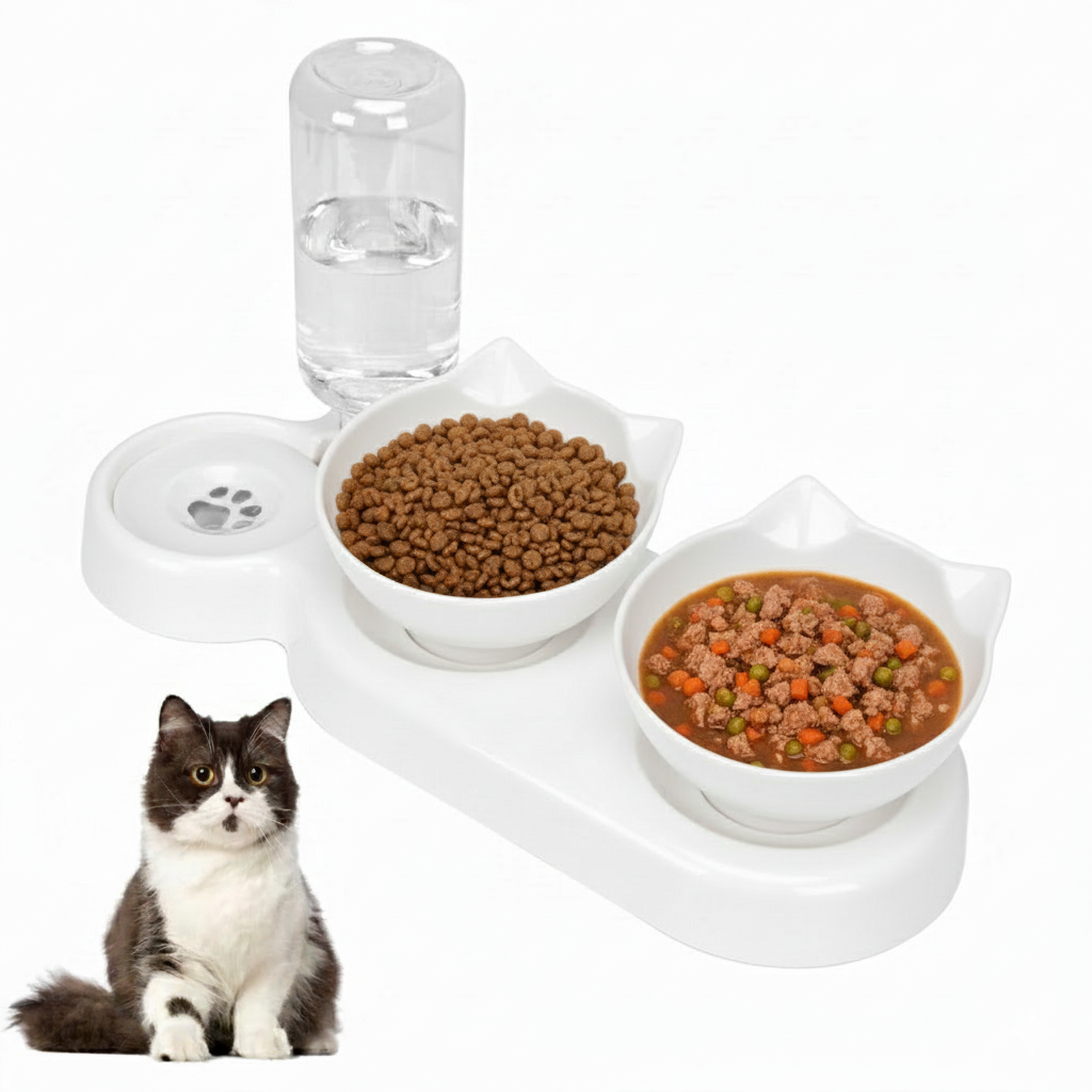 3-in-1 Raised Cat Feeder – Automatic Food &amp; Water Station